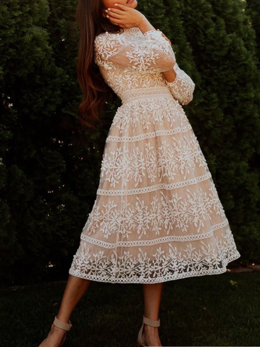 Ivy City Co Beige Lace Midi Dress with White Embroidery